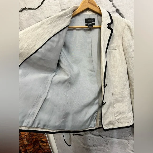 J Crew 100% Linen Schoolboy Blazer Neutral Beige Bold Covered‎ Buttons Work - Picture 11 of 12